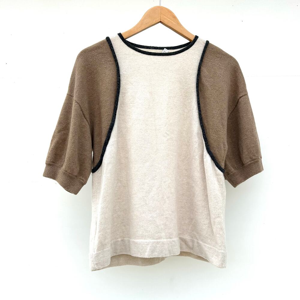 Brunello Cucinelli Cashmere Colorblock Short Sleeve Sweater Cream Jumper Medium - Picture 2 of 6